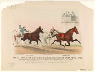 Best time on record. Three heats in 2-193-4, 2-161-2, 2-16- Goldsmith Maid and Judge Fullerton, in their great trot at East Saginaw, Mich. July 16th 1874 LCCN90711750