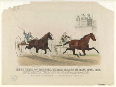 Best time on record. Three heats in 2-193-4, 2-161-2, 2-16- Goldsmith Maid and Judge Fullerton, in their great trot at East Saginaw, Mich. July 16th 1874 LCCN90711750. Free illustration for personal and commercial use.