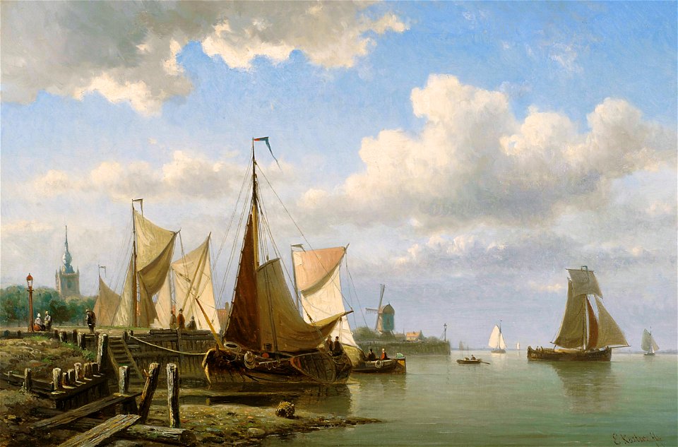 Beurtschepen aan een kade van de Schie bij Overschie, door Everhardus Koster