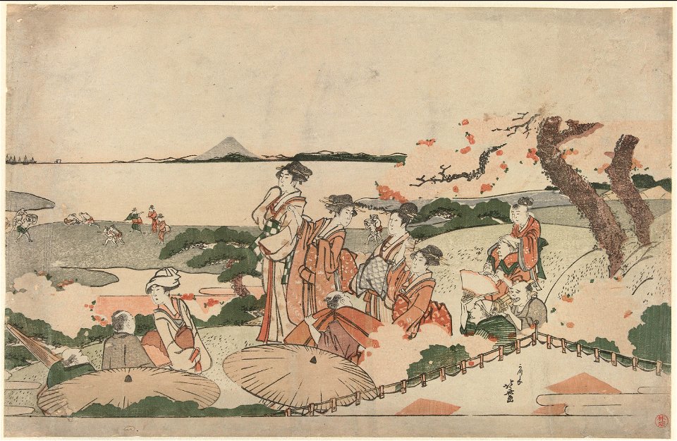 Bewonderen van de kersenbloesem op een heuvel uitkijkend over de Edo baai.-Rijksmuseum RP-P-1952-184