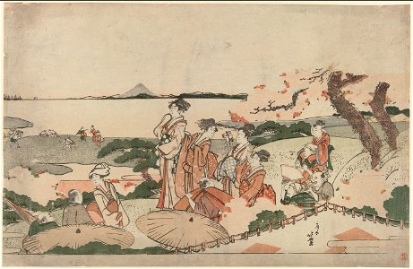 Bewonderen van de kersenbloesem op een heuvel uitkijkend over de Edo baai.-Rijksmuseum RP-P-1952-184