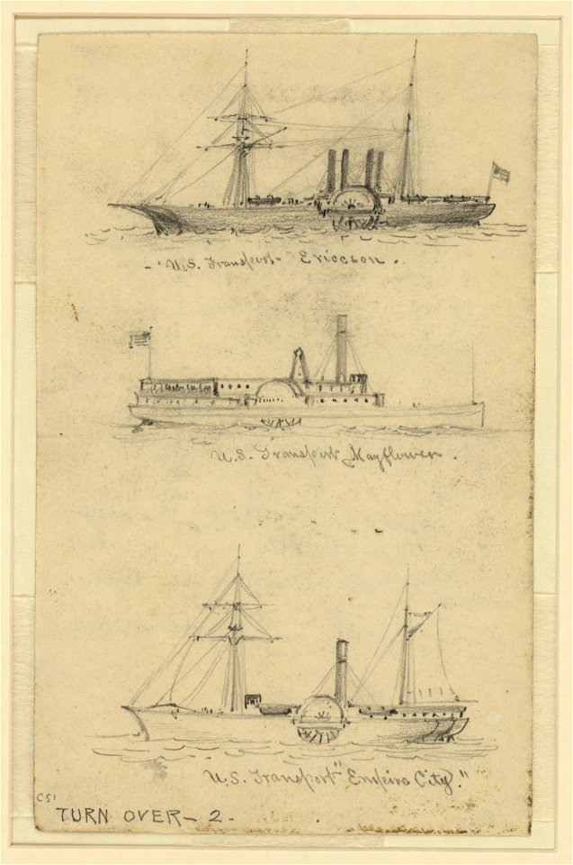 Broadside views of three sidewheel steamships-) U.S. Transport Ericcson, U.S. Transport Mayflower, and U.S. Transport Empire City LCCN2004660627