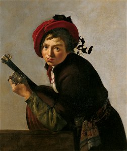 Jan Gerrit van Bronchorst - Young man playing a theorbo (Museo Thyssen-Bornemisza). Free illustration for personal and commercial use.
