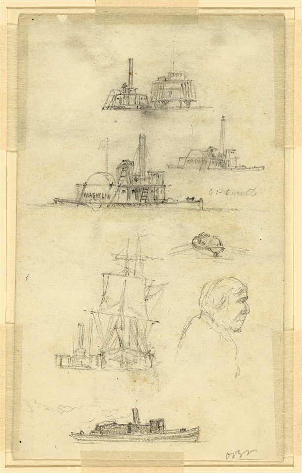 Broadside and bow views of eight ships and boats, and an unidentified profile bust portrait LCCN2004660610, Alfred Waud, 1860