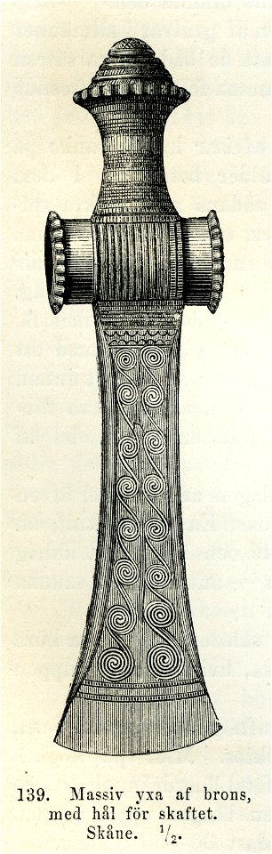 Bronsyxa m skafthål fr Lilla Slågarps sn, Skåne (Montelius 1877 s110 fig139)