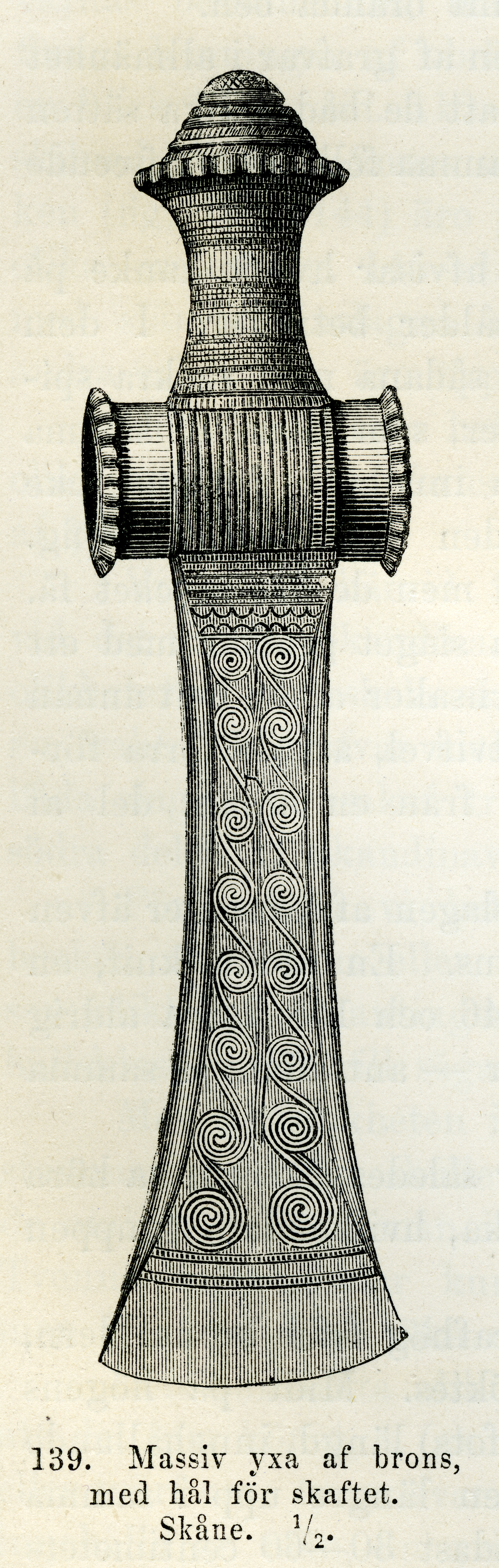Bronsyxa m skafthål fr Lilla Slågarps sn, Skåne (Montelius 1877 s110 fig139)