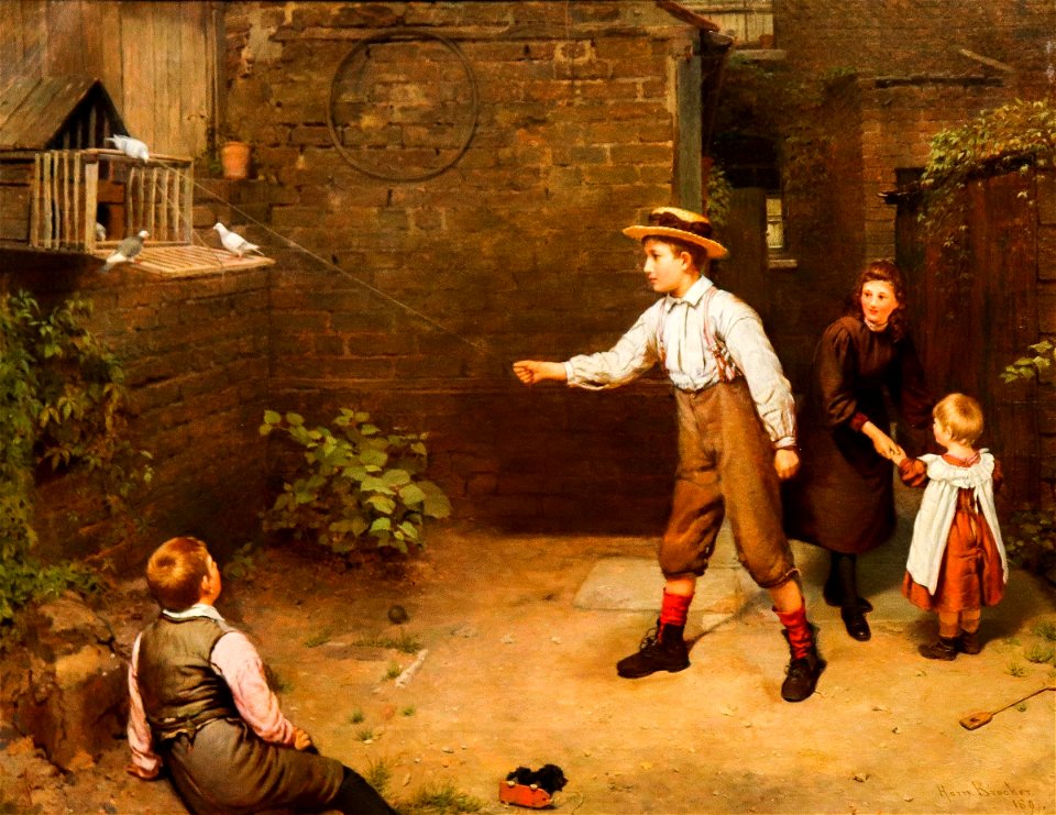 Children Playing Outdoors in a Courtyard by Harry Brooker