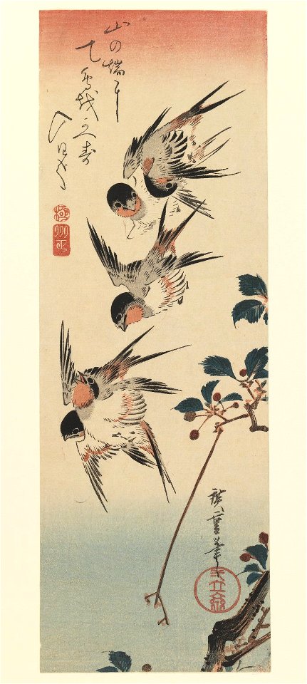 Brooklyn Museum - Tanzaku Four Swallows - Utagawa Hiroshige (Ando)