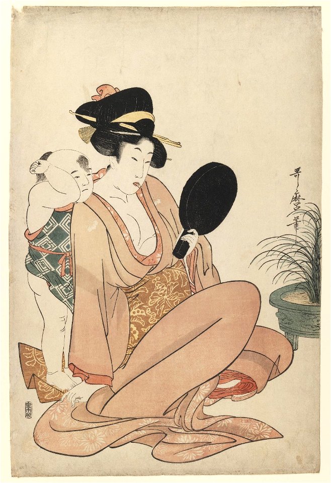 Brooklyn Museum - Mother and Child Gazing at a Hand Mirror from Furyu Kodakara Awase - Kitagawa Utamaro