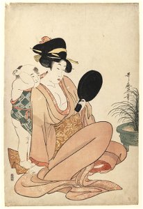 Brooklyn Museum - Mother and Child Gazing at a Hand Mirror from Furyu Kodakara Awase - Kitagawa Utamaro