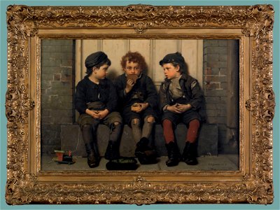 John George Brown (American, 1831-1913), oil on canvas of three boys seated on a stoop, titled The Monopolist, Pook & Pook, Inc.