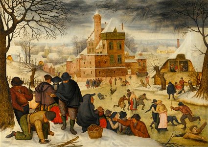 'A Winter Landscape with Skaters' by Pieter Brueghel the Younger. Free illustration for personal and commercial use.