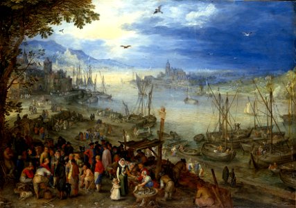 Jan Brueghel (I) - Fish market on the banks of a river. Free illustration for personal and commercial use.
