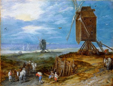 Jan Brueghel de Oude - Landschap met molens (c. 1608). Free illustration for personal and commercial use.