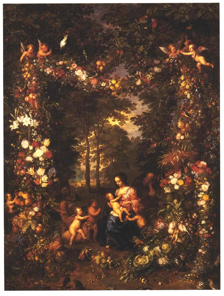 Brueghel Jan - Heilige Familie in einem Blumen und Früchtekranz