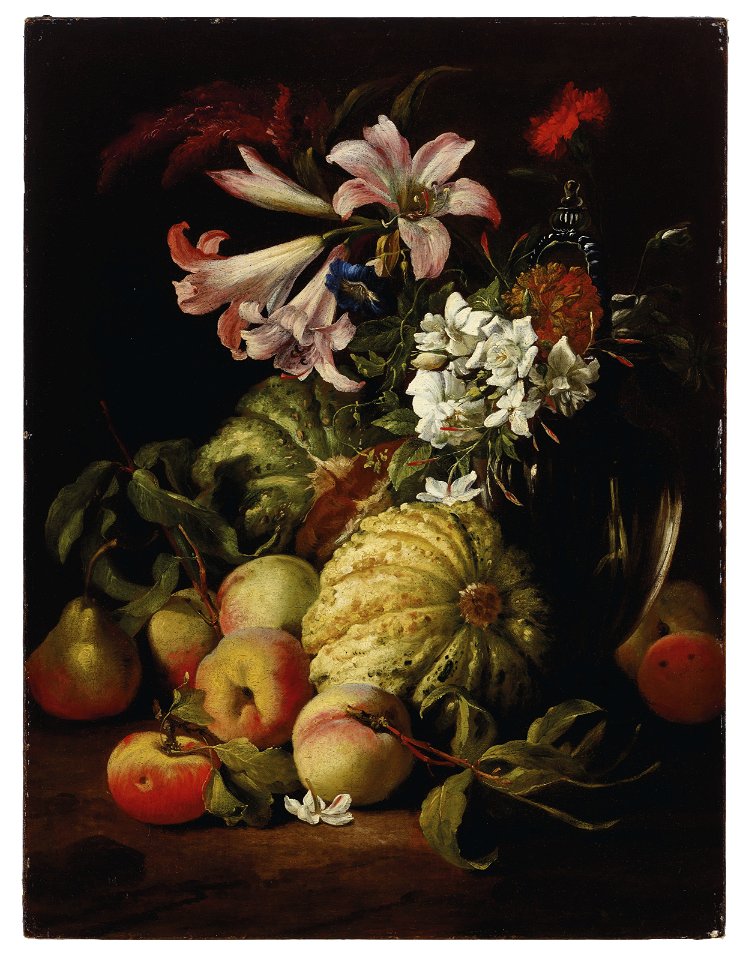 Abraham brueghel lilies and other flowers in a glass vase with peaches021007)