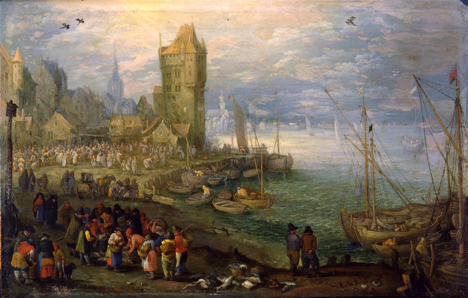 Jan Brueghel de Oude - Vismarkt bij een haven (c. 1610)