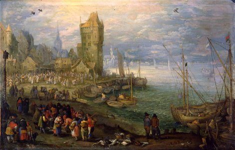 Jan Brueghel de Oude - Vismarkt bij een haven (c. 1610)