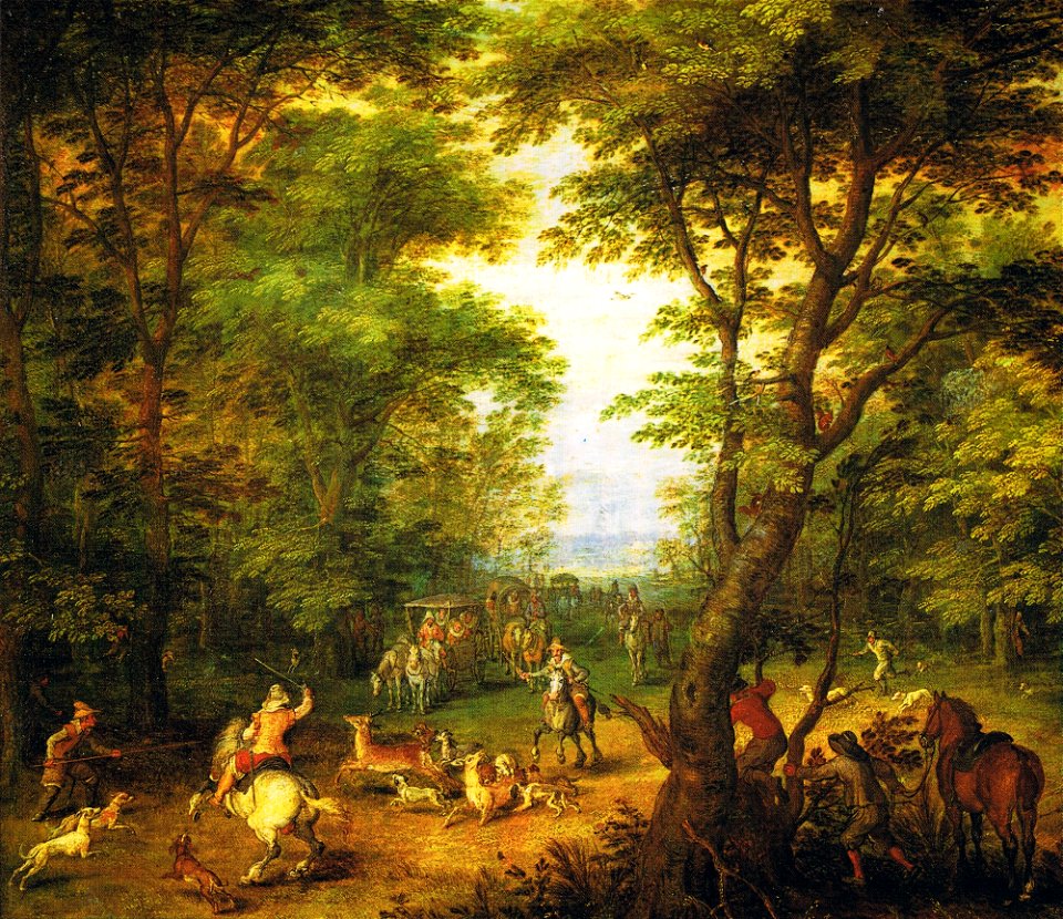 Jan Brueghel de Oude. - Herten jagen in het bos