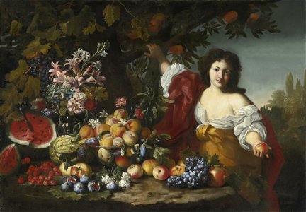 Abraham Brueghel, Guillaume Courtois - Still life of fruits and flowers with a figure. Free illustration for personal and commercial use.