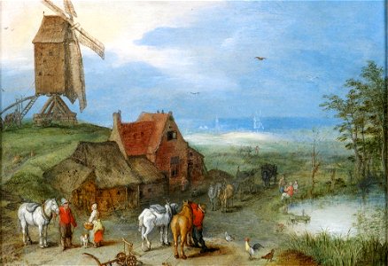 Landscape with a Windmill, Figures and Horses by a Farmstead by Jan Brueghel the Elder. Free illustration for personal and commercial use.