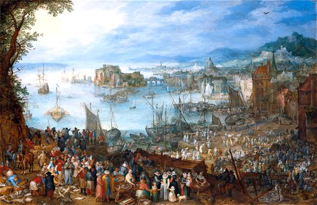 Jan Brueghel (I) - Great Fish market (1603). Free illustration for personal and commercial use.
