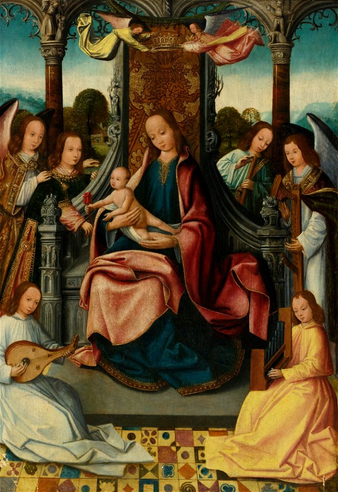 Bruges School, circa 1500 Virgin and Child Enthroned with Musical Angels
