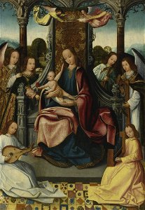 Bruges School, circa 1500 Virgin and Child Enthroned with Musical Angels. Free illustration for personal and commercial use.