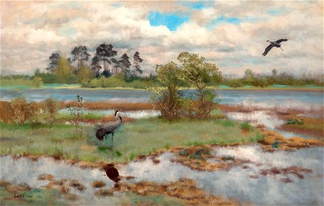 Bruno Liljefors - Landskap med tranor vid vatten