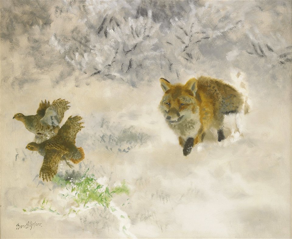 Bruno Liljefors - Fox hunting Black Grouse hens in winter landscape