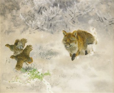 Bruno Liljefors - Fox hunting Black Grouse hens in winter landscape
