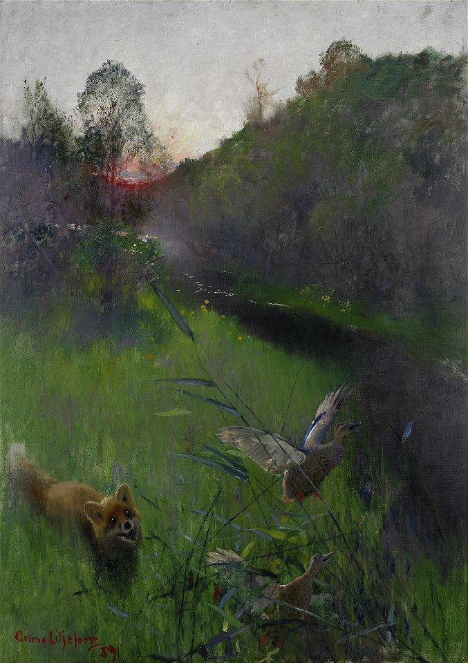 Bruno Liljefors - Afternoon landscape with fox and seabirds 1889