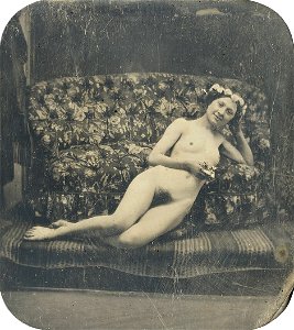 Bruno Braquehais (attr) Reclining female nude 1850s. Free illustration for personal and commercial use.
