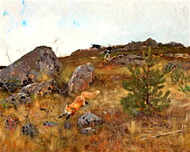 Bruno Liljefors - Stövare jagande räv i höstlandskap 1883