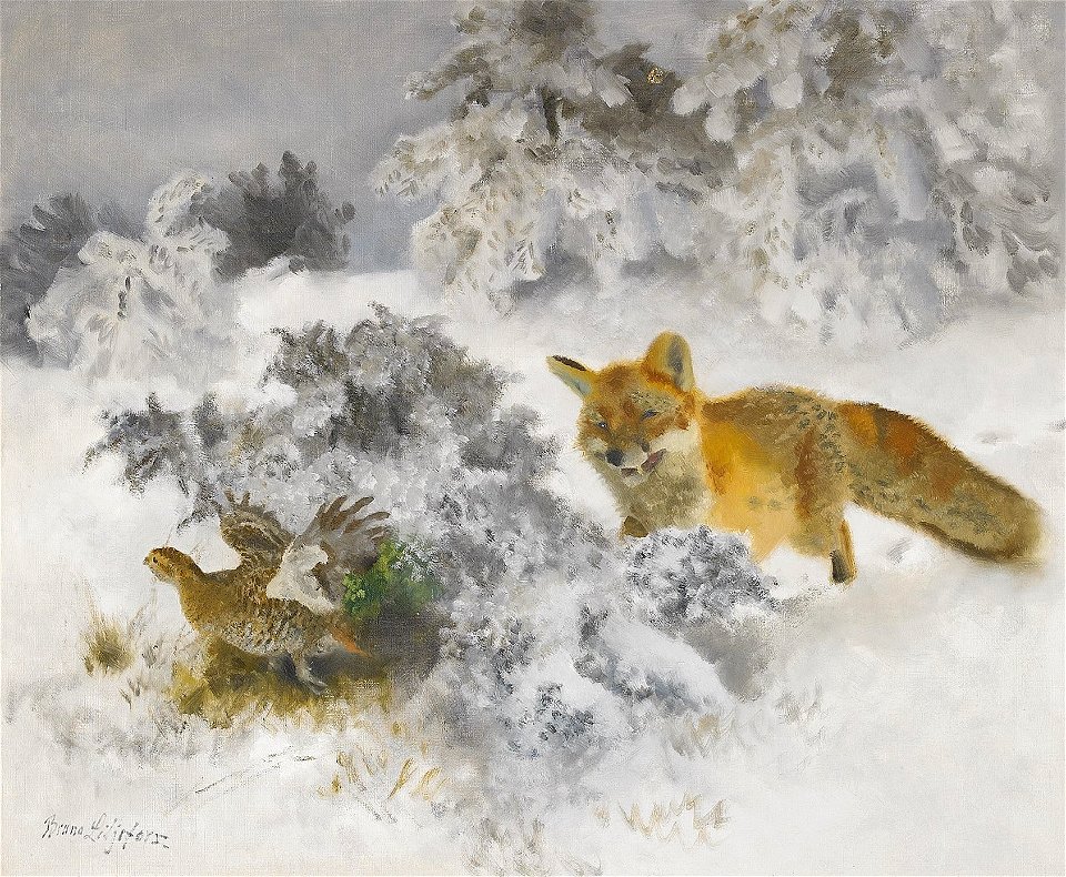 Bruno Liljefors - Fox and Black Grouse hen in winter landscape