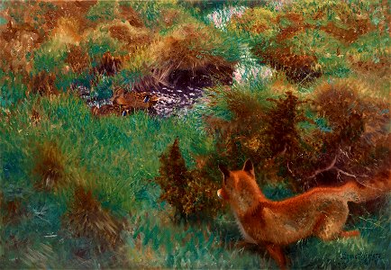 Bruno Liljefors - Fox stalking wild ducks 1913. Free illustration for personal and commercial use.