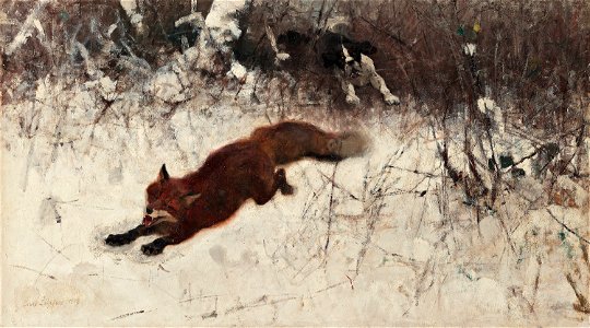 Bruno Liljefors - Vinterjakt med räv och stövare 1898