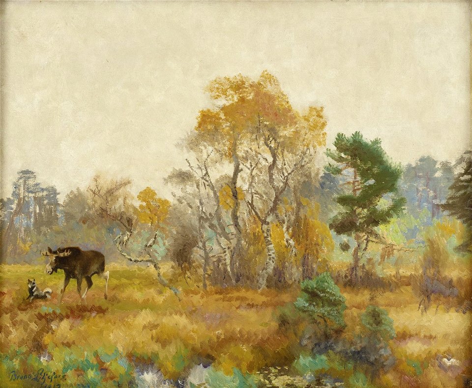 Bruno Liljefors - Älg och gråhund i landskap 1917