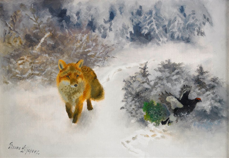 Bruno Liljefors - Fox and Black Grouse cock in winter landscape