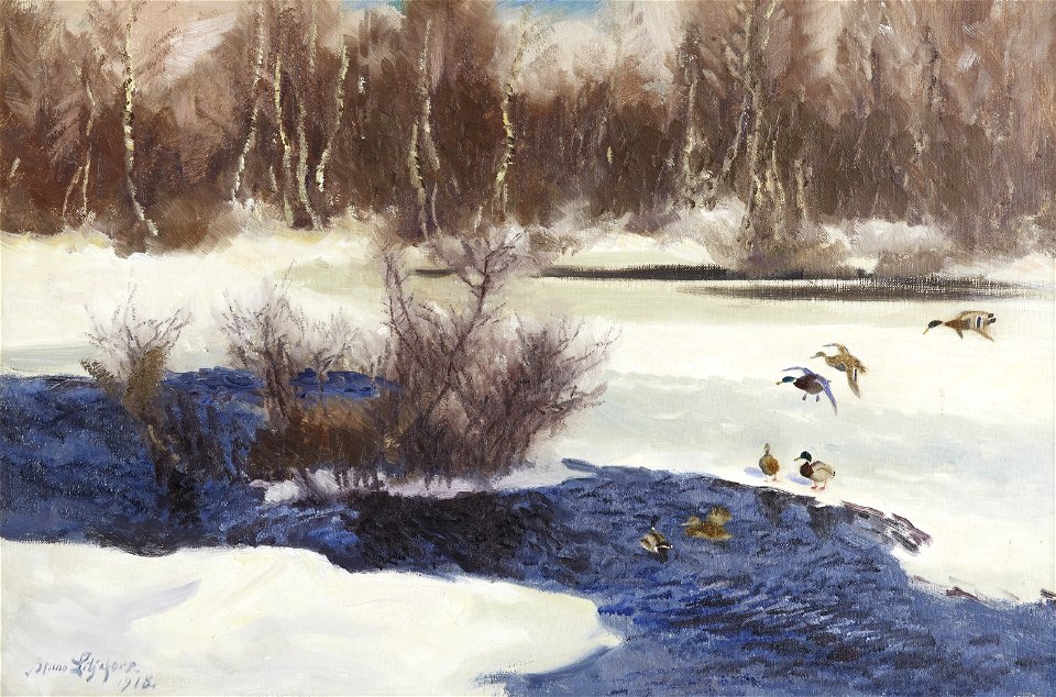 Bruno Liljefors - Gräsänder vid fruset vattendrag 1918