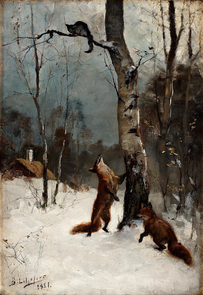 Bruno Liljefors - Rävar och katt, vinterlandskap 1881