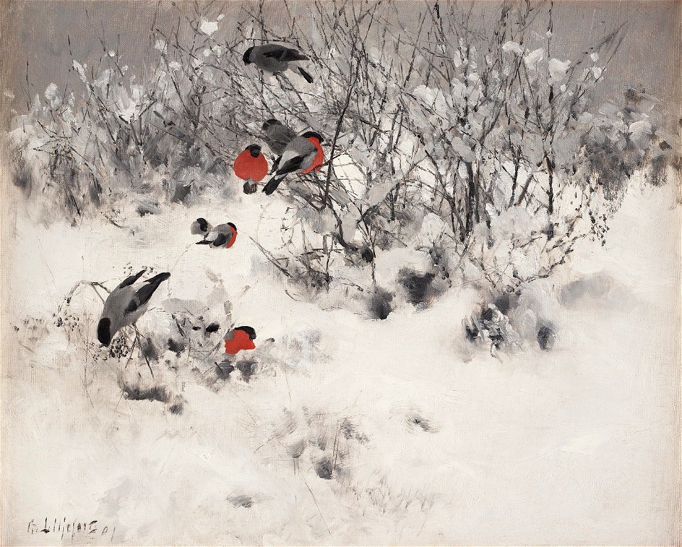 Bruno Liljefors - Vinterlandskap med domherrar 1891