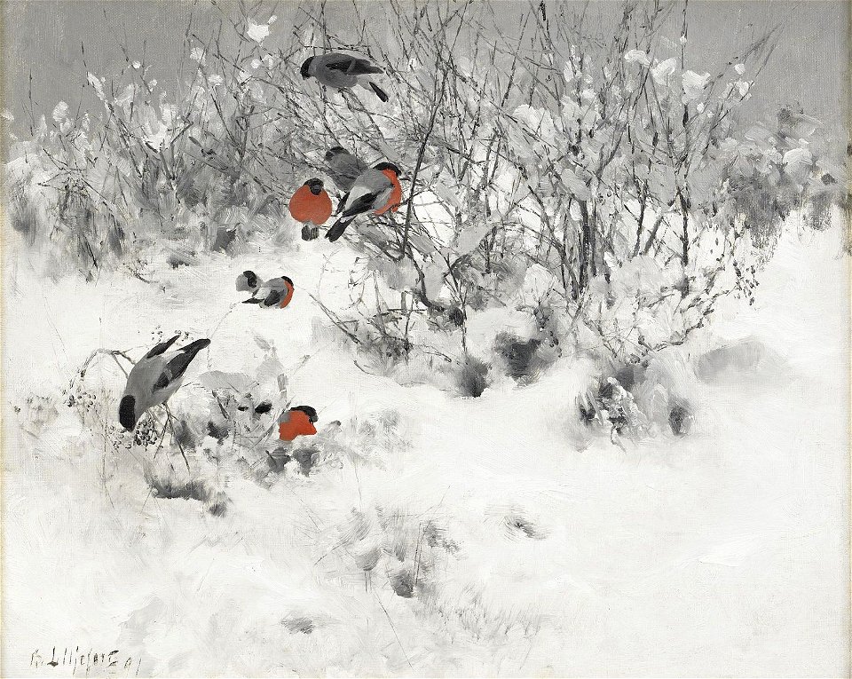 Bruno Liljefors - Winter landscape with bullfinches 1891