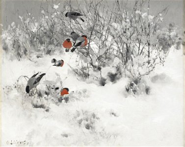 Bruno Liljefors - Winter landscape with bullfinches 1891