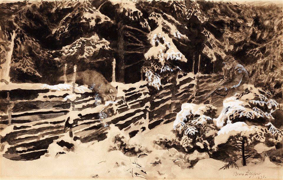 Bruno Liljefors - Winter scene with hunter and fox by fence 1898