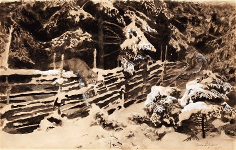 Bruno Liljefors - Winter scene with hunter and fox by fence 1898