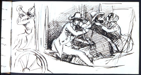 Bröllopsresan. Två kyssande par i en vagn. Fritz von Dardel - Nordiska Museet - NMA.0037557