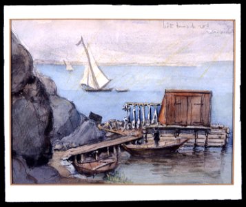 Brygga med skjul, båtar. Fritz von Dardel - Nordiska Museet - NMA.0043697. Free illustration for personal and commercial use.