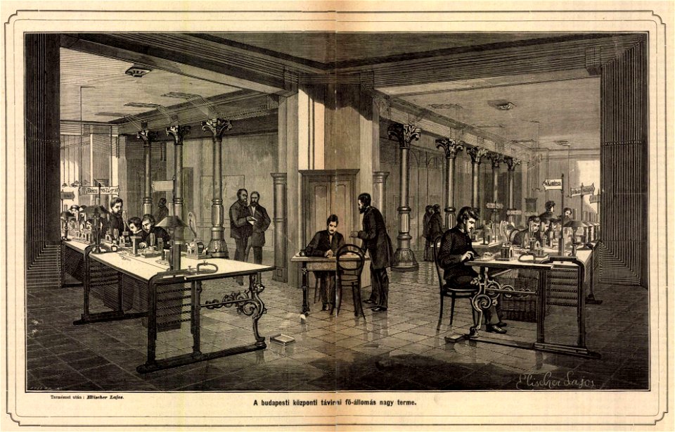 Budapest központi távirdai főállomás nagy terme. Mo. és a Nagyvilág, 1874