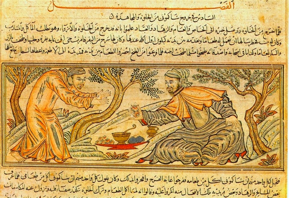 Buddha offers fruit to the devil - from Jami al-Tawarikh